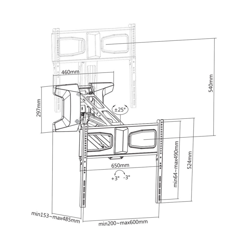 MK FLORIA MKF-21DM647 - Sieninis televizoriaus laikiklis su sąnariu 70 juodas + nuotolinio valdymo pultas