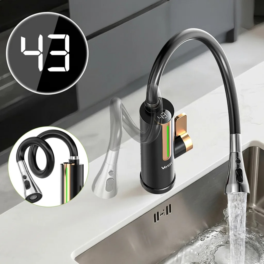 Momentinis vandens šildytuvas su LED ekranu 3000 W/230 V IPX4 juoda/auksinė