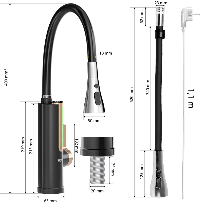 Momentinis vandens šildytuvas su LED ekranu 3000 W/230 V IPX4 juoda/auksinė