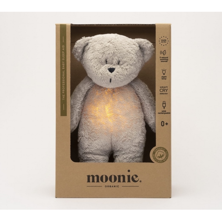 Moonie - Snuggle buddy su melodija ir šviesa meškiukas 2.0 organic pilka