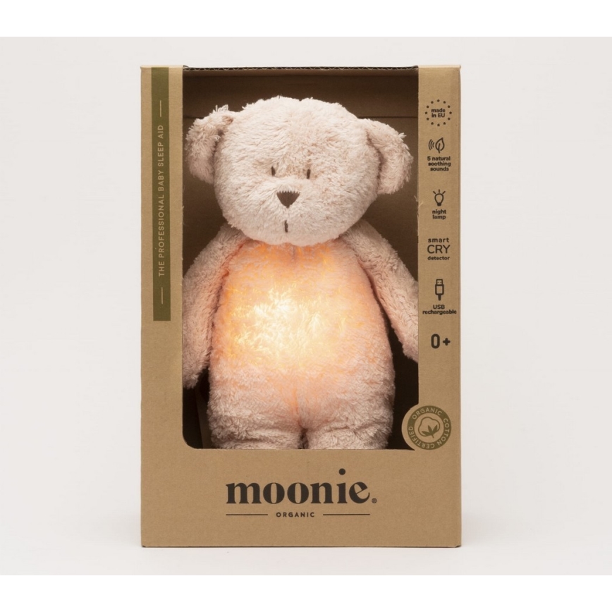 Moonie - Snuggle buddy su melodija ir šviesa meškiukas 2.0 organic rožė