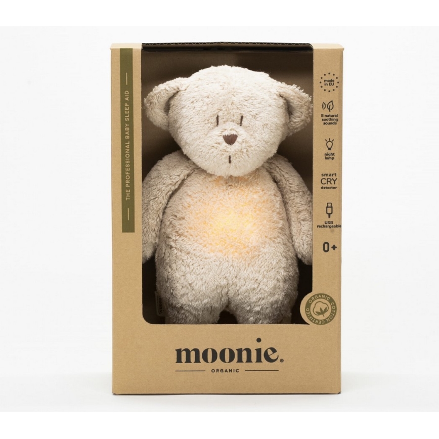 Moonie - Snuggle buddy su melodija ir šviesa meškiukas 2.0 organic Smėlis