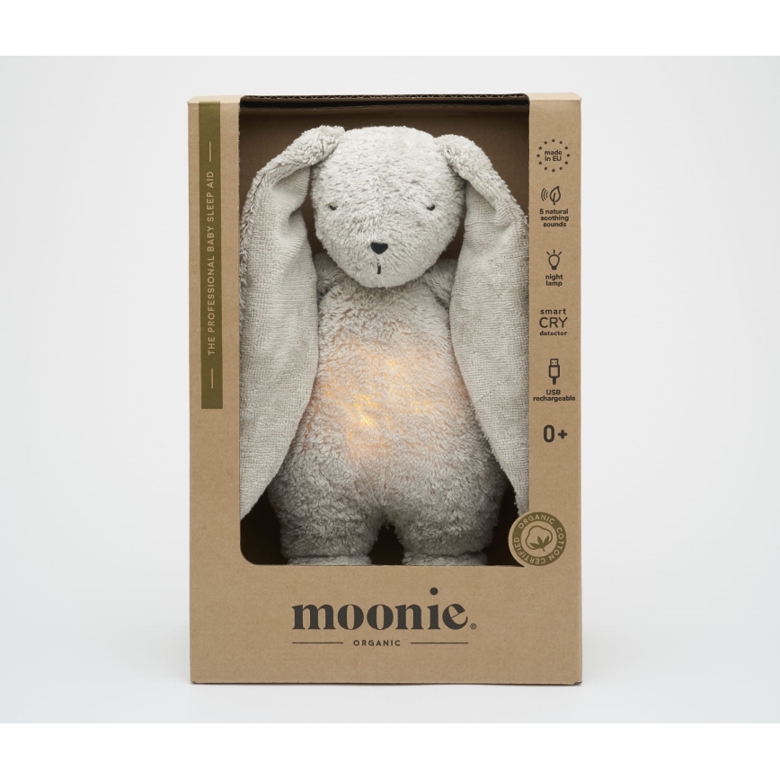 Moonie - Snuggle buddy su melodija ir šviesa zuikis 2.0 organic pilka