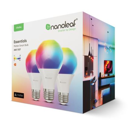 KOMPLEKTAS 3xLED RGBW Pritemdoma elektros lemputė ESSENTIALS A60 E27/8,5W/230V CRI90 2700-6500K Wi-Fi - Nanoleaf