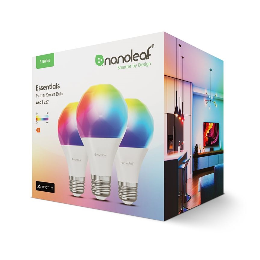 KOMPLEKTAS 3x LED RGBW Reguliuojama lemputė ESSENTIALS A60 E27/8,5W/230V CRI 90 2700-6500K Wi-Fi - Nanoleaf