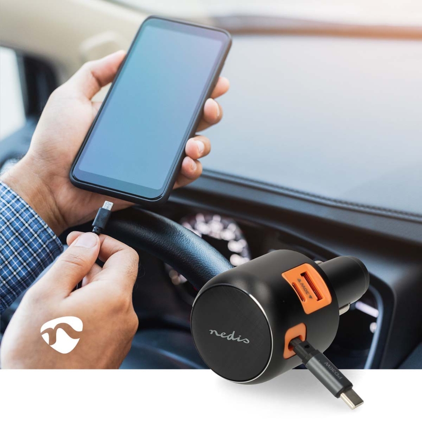 Automobilinis įkroviklis su ištraukiamu kabeliu Power Delivery 30 W, 2x USB-C + 1x USB-A