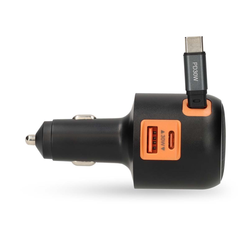 Automobilinis įkroviklis su ištraukiamu kabeliu Power Delivery 30 W, 2x USB-C + 1x USB-A