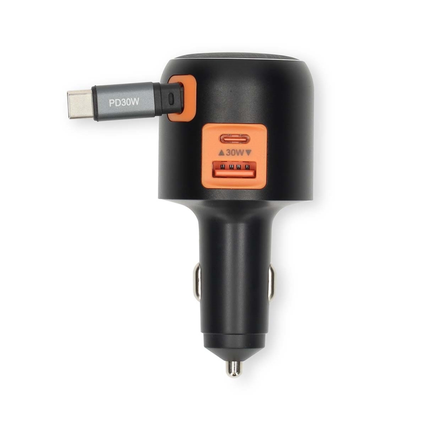 Automobilinis įkroviklis su ištraukiamu kabeliu Power Delivery 30 W, 2x USB-C + 1x USB-A