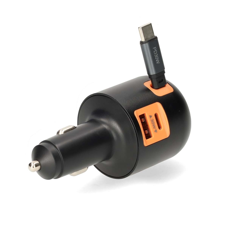 Automobilinis įkroviklis su ištraukiamu kabeliu Power Delivery 30 W, 2x USB-C + 1x USB-A
