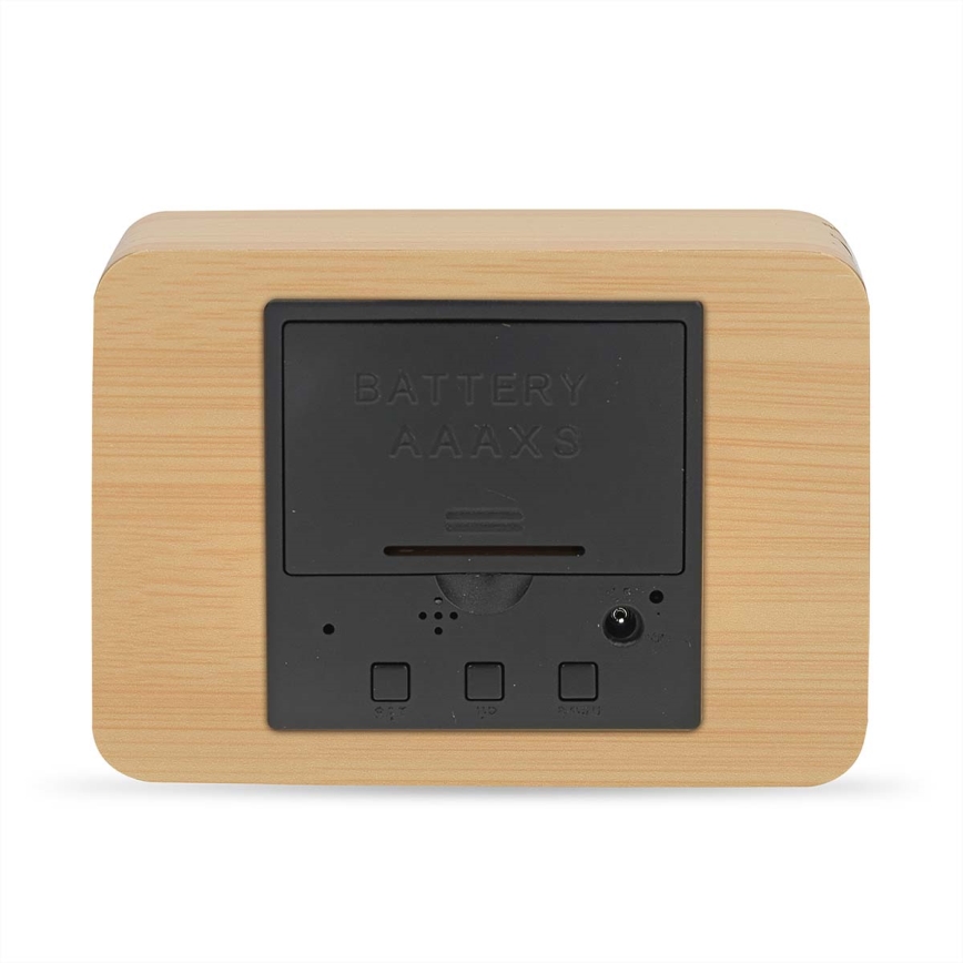 Medinis skaitmeninis žadintuvas su LED ekranu ir integruotu termometru, maitinimas 5V/3xAAA