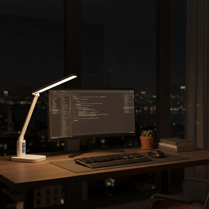 Reguliuojama įkraunama jutiklinė LED stalinė lempa su ekranu LED/7,5W/1200 mAh 3000/4000/5700K CRI 90 balta