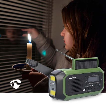 DAB+/FM radijas su rankiniu generatoriumi, saulės panele ir LED žibintuvėliu, 5V/2500 mAh, žalia/juoda