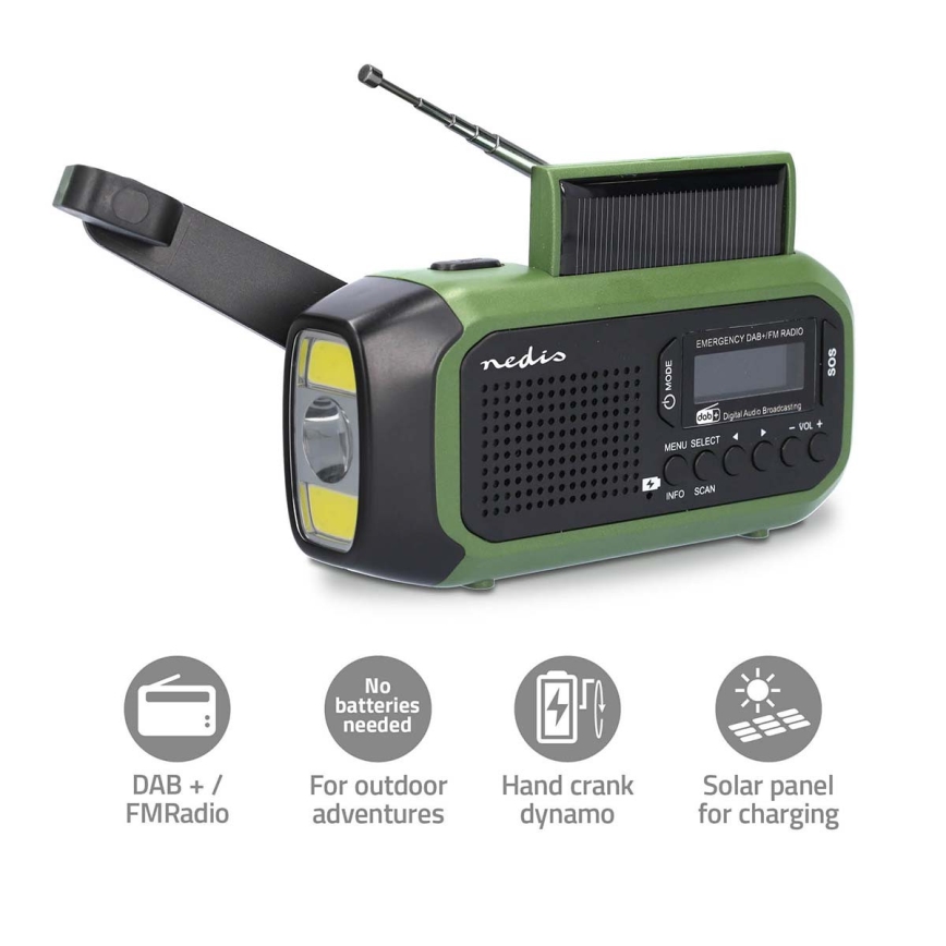 DAB+/FM radijas su rankiniu generatoriumi, saulės panele ir LED žibintuvėliu, 5V/2500 mAh, žalia/juoda