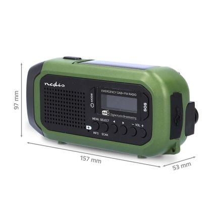 DAB+/FM radijas su rankiniu generatoriumi, saulės panele ir LED žibintuvėliu, 5V/2500 mAh, žalia/juoda