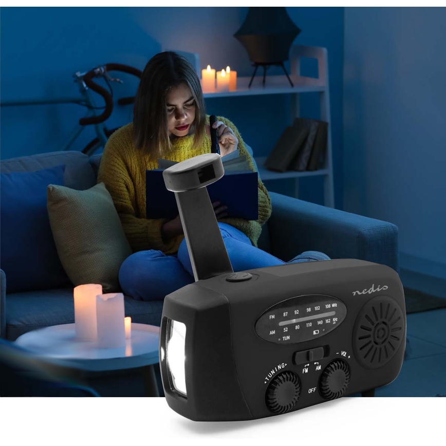 AM/FM radijas su rankiniu generatoriumi, saulės panelė ir LED žibintuvėlis — 2000 mAh