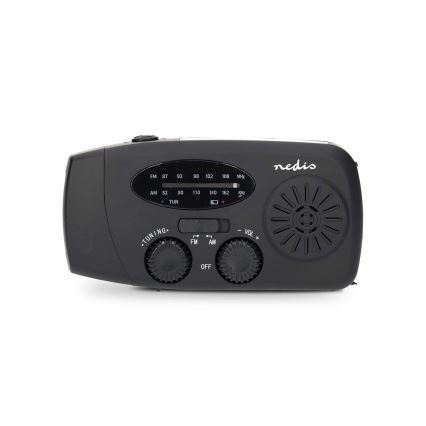 AM/FM radijas su rankiniu generatoriumi, saulės panelė ir LED žibintuvėlis — 2000 mAh