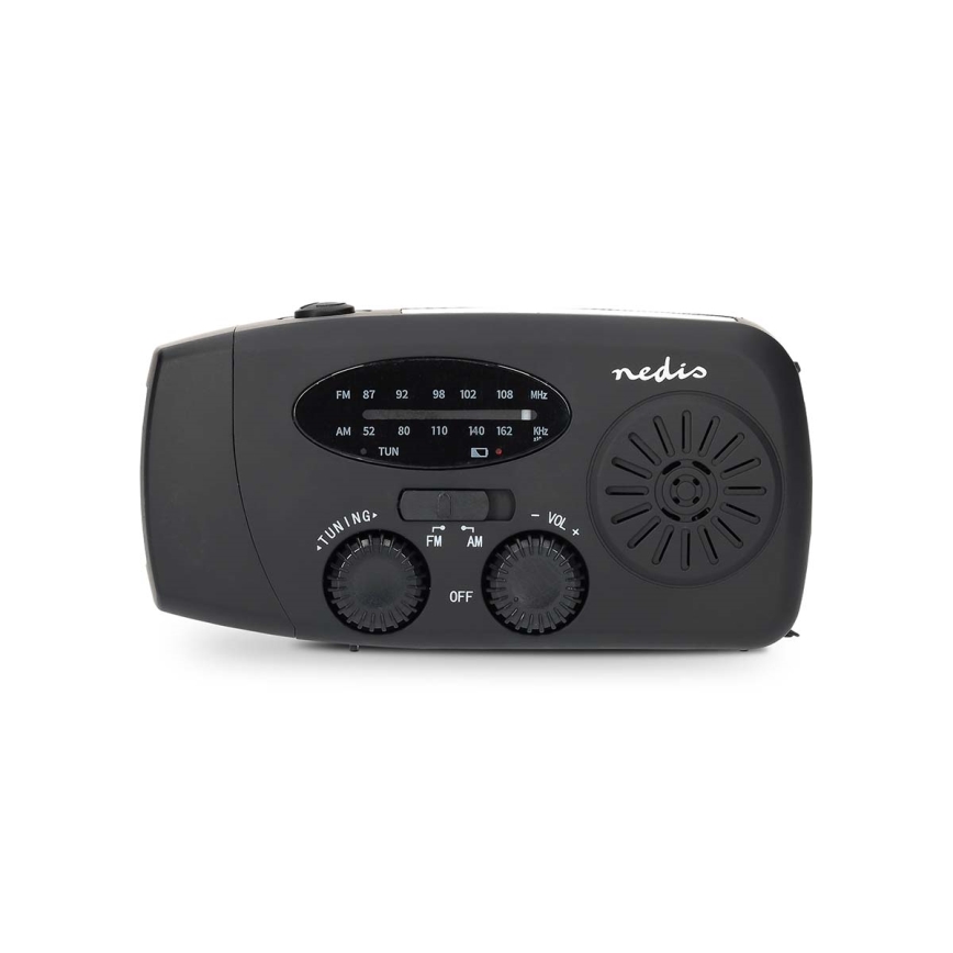 AM/FM radijas su rankiniu generatoriumi, saulės panelė ir LED žibintuvėlis — 2000 mAh