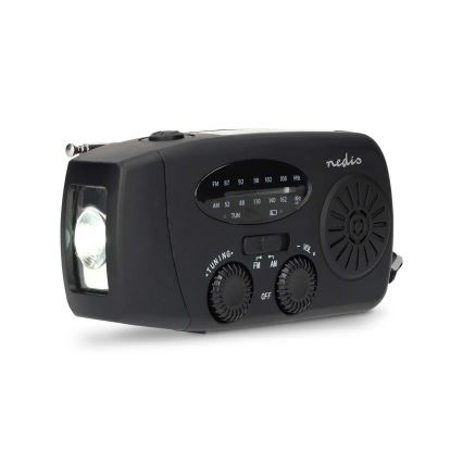 AM/FM radijas su rankiniu generatoriumi, saulės panelė ir LED žibintuvėlis — 2000 mAh