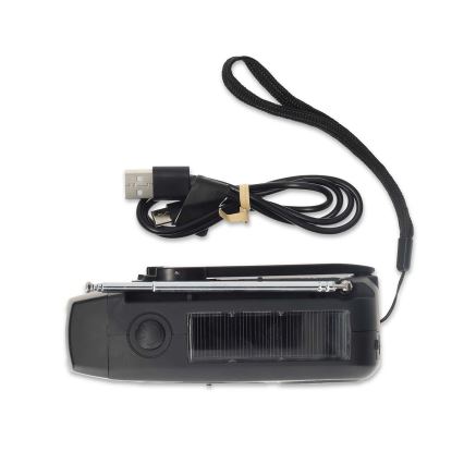 AM/FM radijas su rankiniu generatoriumi, saulės panelė ir LED žibintuvėlis — 2000 mAh