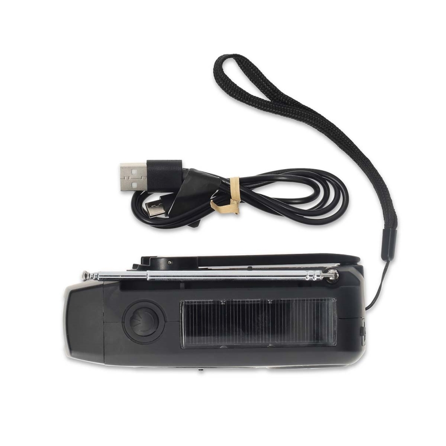 AM/FM radijas su rankiniu generatoriumi, saulės panelė ir LED žibintuvėlis — 2000 mAh