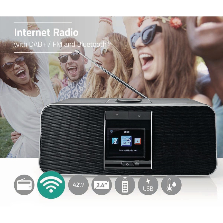 Nedis RDIN5005BK- Daugiafunkcis interneto radijas 42W/230V Wi-Fi Bluetooth USB+ VP