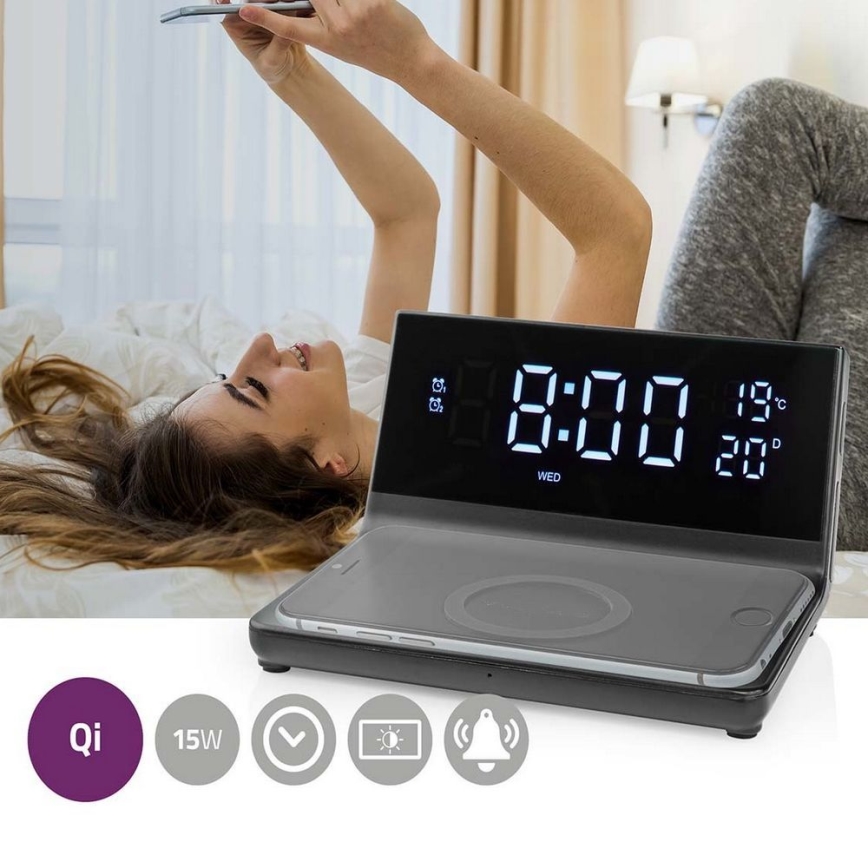 Žadintuvas su LCD ekranu ir bevielis įkroviklis 15W/230V + 1xCR2032 juoda