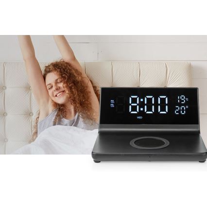 Žadintuvas su LCD ekranu ir bevielis įkroviklis 15W/230V + 1xCR2032 juoda