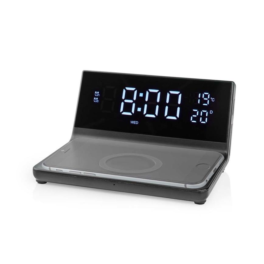 Žadintuvas su LCD ekranu ir bevielis įkroviklis 15W/230V + 1xCR2032 juoda
