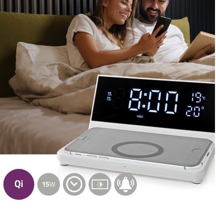 Žadintuvas su LCD ekranu ir bevielis įkroviklis 15W/5V + 1xCR2032 balta