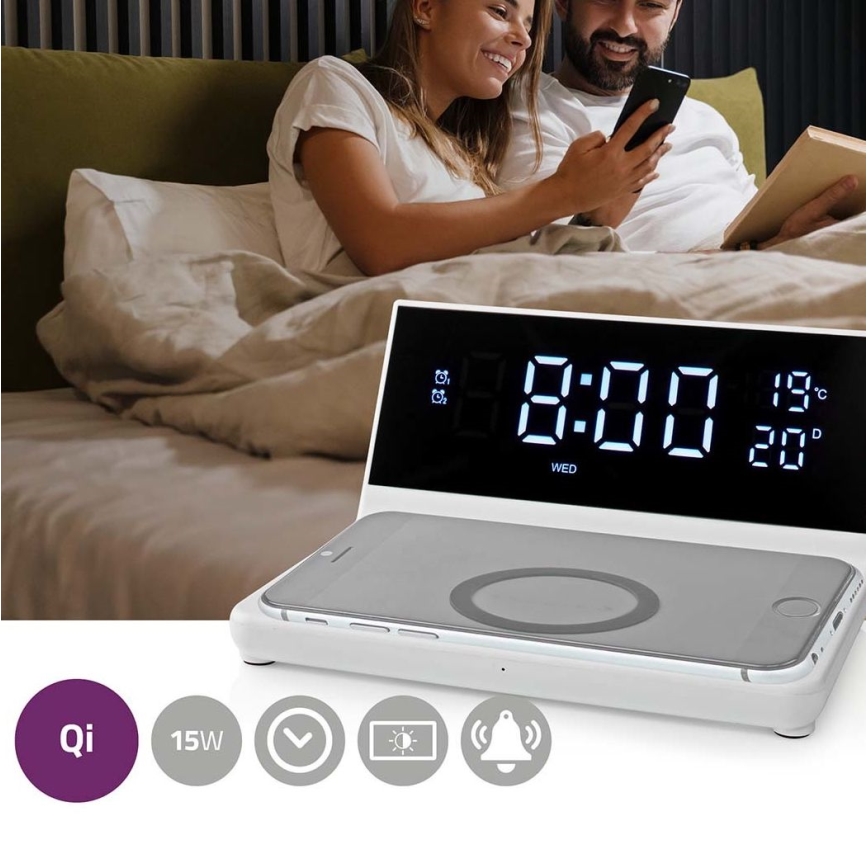 Žadintuvas su LCD ekranu ir bevielis įkroviklis 15W/5V + 1xCR2032 balta