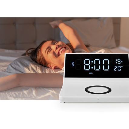 Žadintuvas su LCD ekranu ir bevielis įkroviklis 15W/5V + 1xCR2032 balta