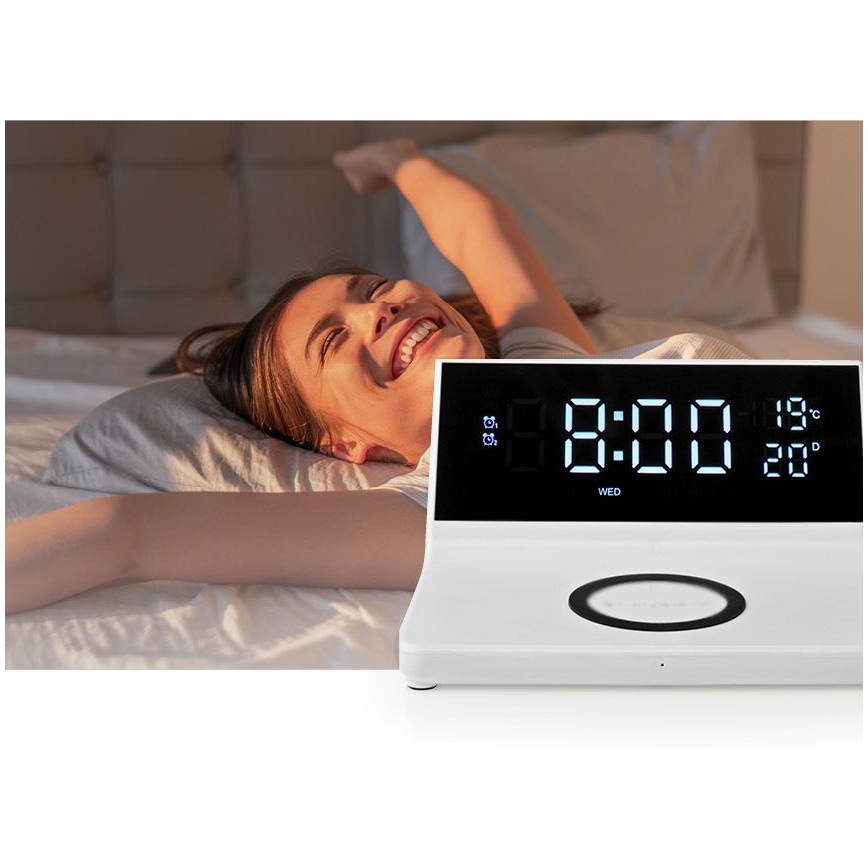 Žadintuvas su LCD ekranu ir bevielis įkroviklis 15W/5V + 1xCR2032 balta