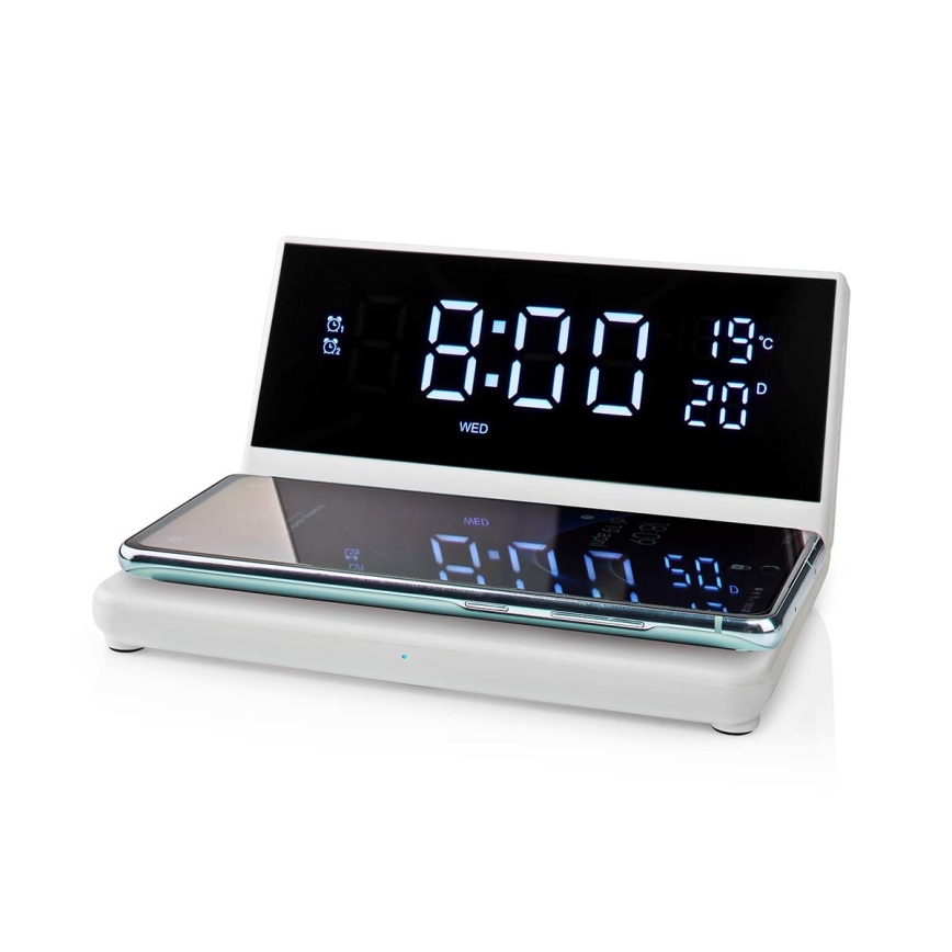 Žadintuvas su LCD ekranu ir bevielis įkroviklis 15W/5V + 1xCR2032 balta