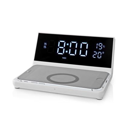 Žadintuvas su LCD ekranu ir bevielis įkroviklis 15W/5V + 1xCR2032 balta