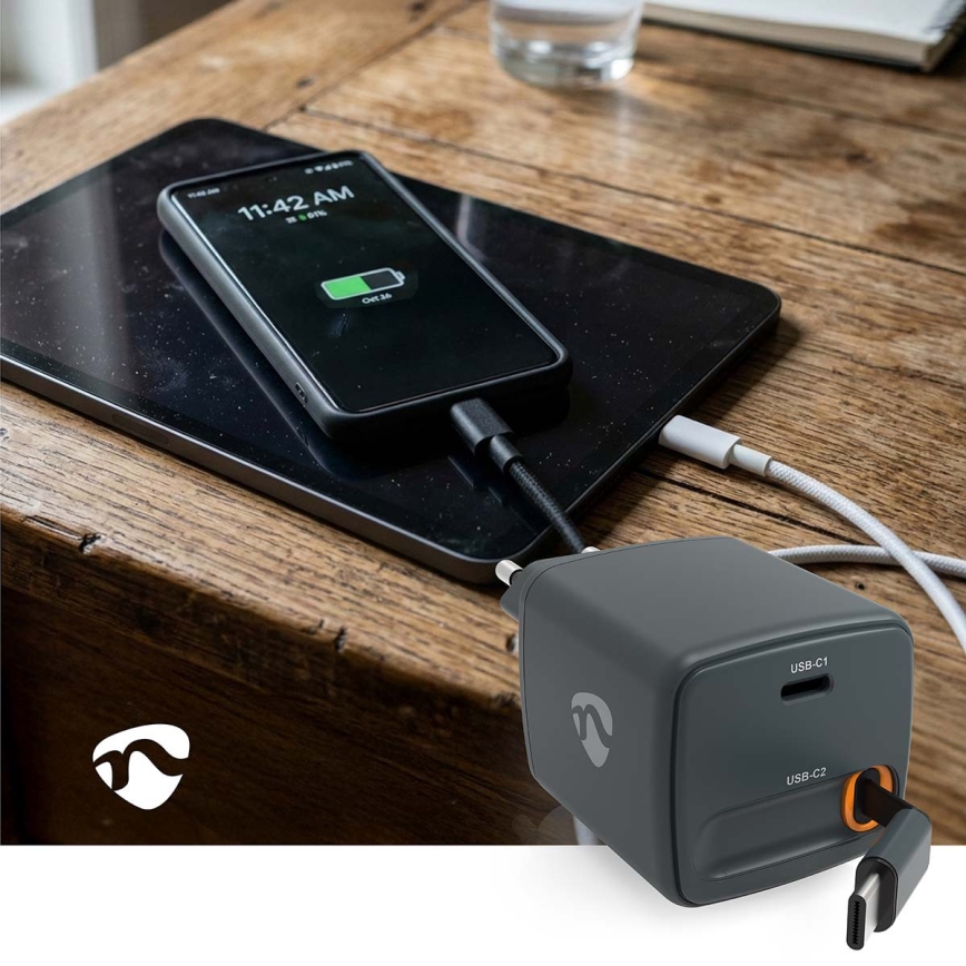 Įkroviklis su traukiamu kabeliu Power Delivery 30 W 2x USB-C juodas