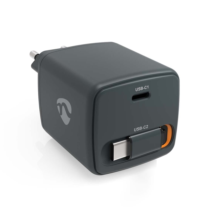 Įkroviklis su traukiamu kabeliu Power Delivery 30 W 2x USB-C juodas