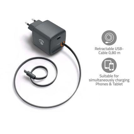 Įkroviklis su traukiamu kabeliu Power Delivery 30 W 2x USB-C juodas