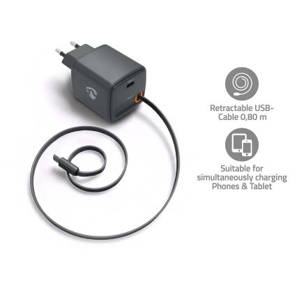 Kroviklis su ištraukiamu kabeliu, Power Delivery 65 W, 2x USB-C, juodas