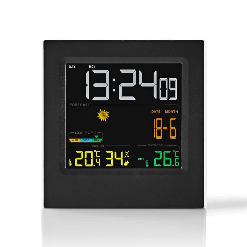 Orų stotis su spalvotu LCD ekranu 230V/3xAAA + 2xAA juoda