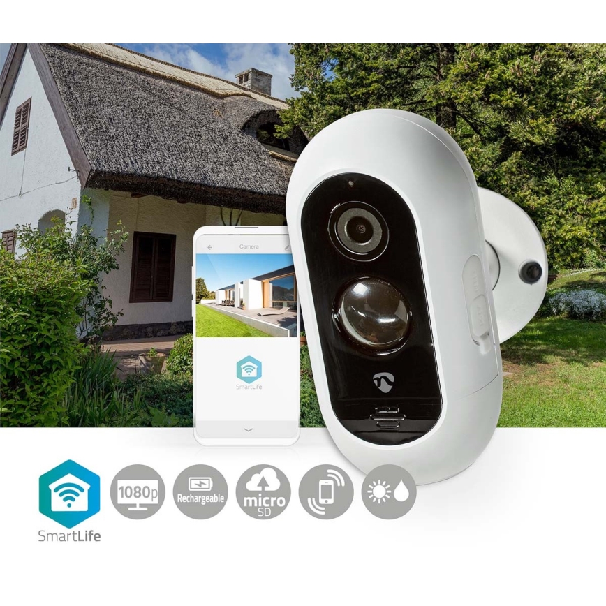 Nedis WIFICBO30WT – Išmani lauko įkraunama IP kamera su PIR jutikliu Full HD 1080p 5V/5200mAh Wi-Fi IP65ra su PIR jutikliu