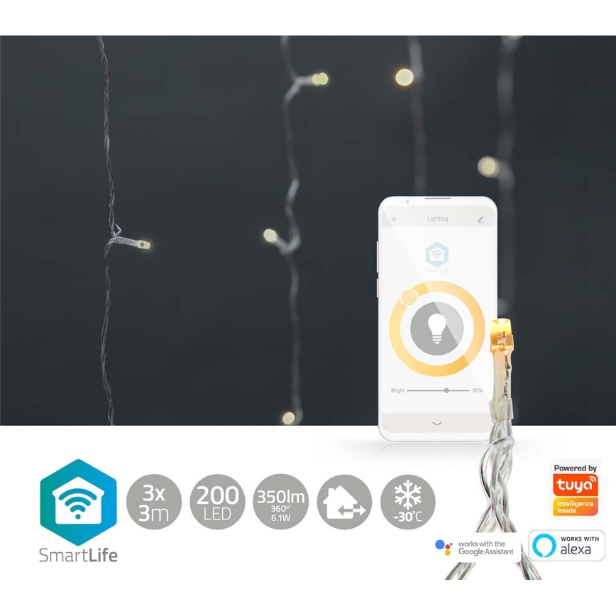 LED Kalėdinė užuolaidėlė 200xLED/8 funkcijos 6m IP65 Wi-Fi Tuya šiltai balta
