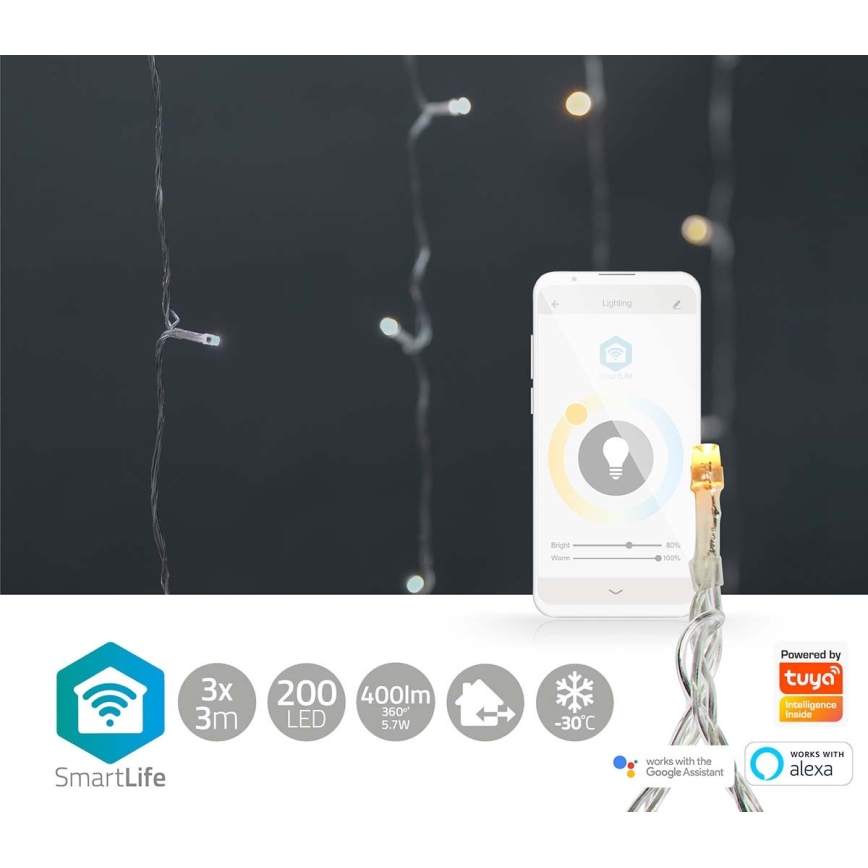 LED Kalėdinė užuolaida 200 LED / 11 funkcijų, 6 m, IP65, Tuya Wi‑Fi, nuo šiltos iki šaltos baltos šviesos