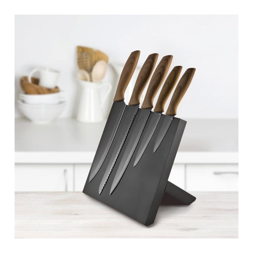 Nerūdijančio plieno peilių rinkinys 5 vnt su magnetiniu stovu medinis/juodas