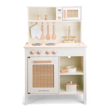 New Classic Toys - Medinė virtuvė su priedais balta/rotangas