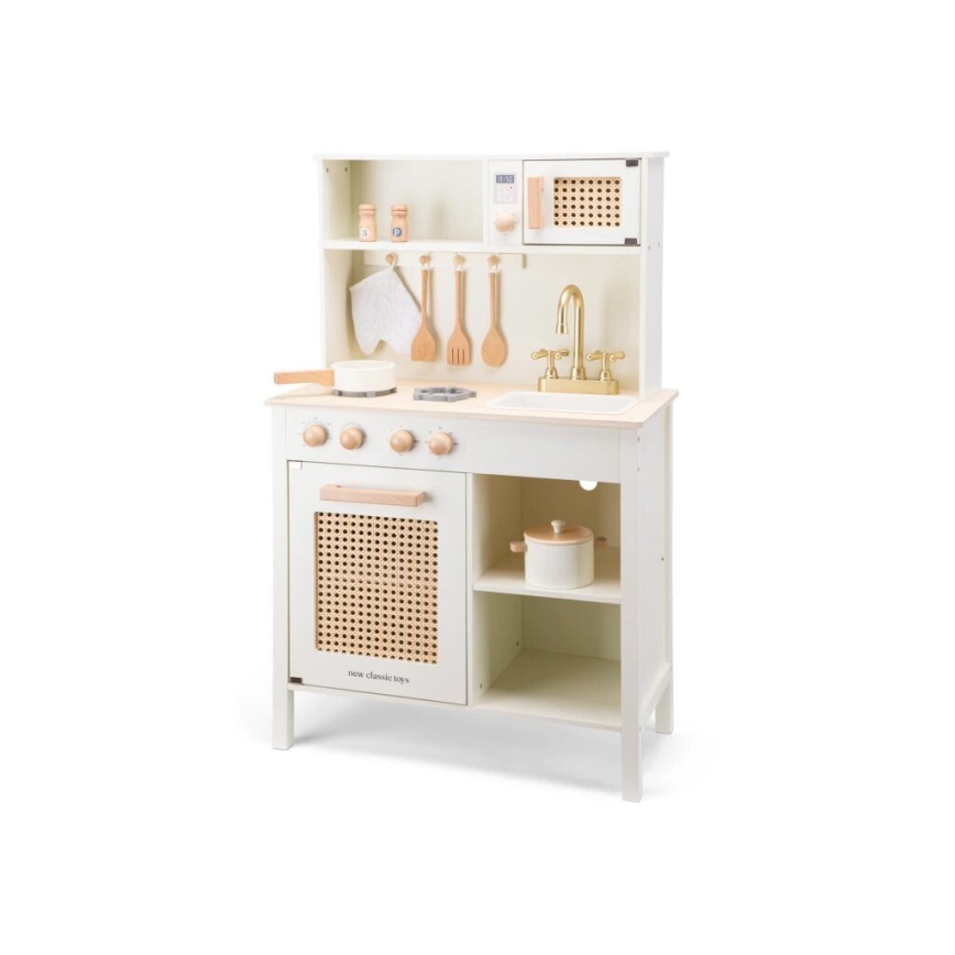 New Classic Toys - Medinė virtuvė su priedais balta/rotangas