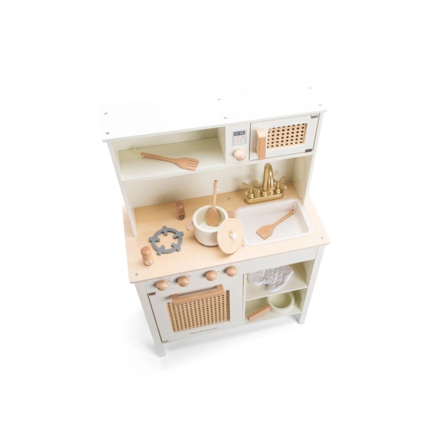 New Classic Toys - Medinė virtuvė su priedais balta/rotangas