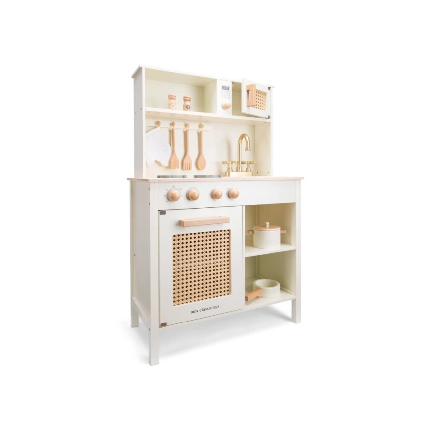 New Classic Toys - Medinė virtuvė su priedais balta/rotangas