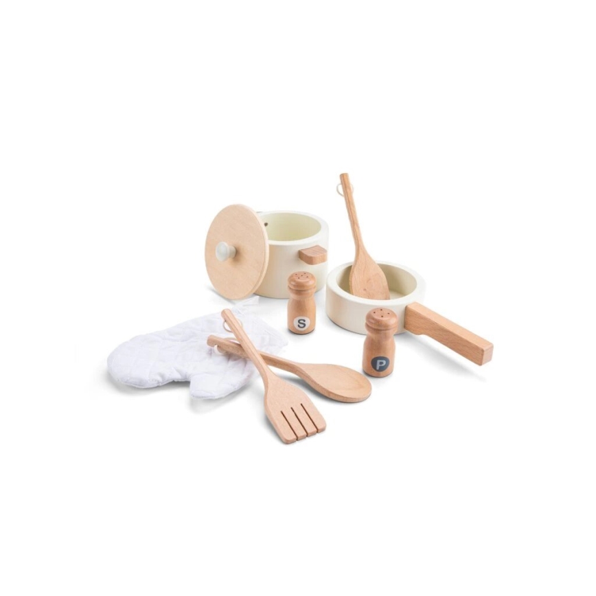 New Classic Toys - Medinė virtuvė su priedais balta/rotangas