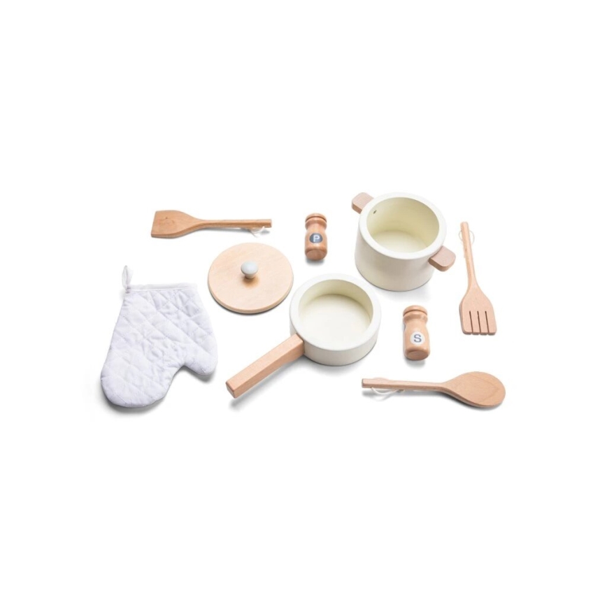 New Classic Toys - Medinė virtuvė su priedais balta/rotangas