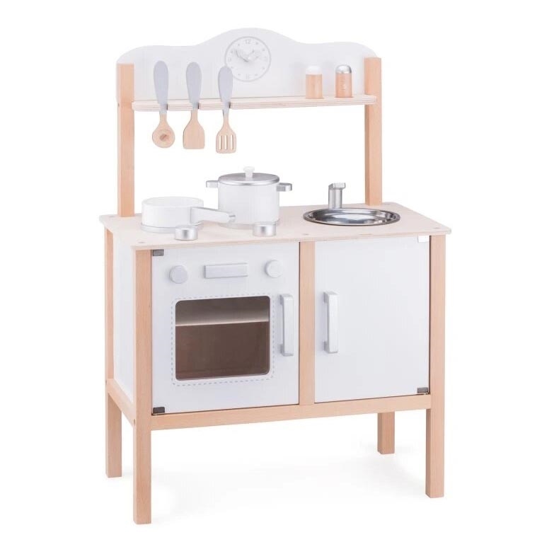 New Classic Toys - Medinė virtuvė su priedais balta/smėlio spalva
